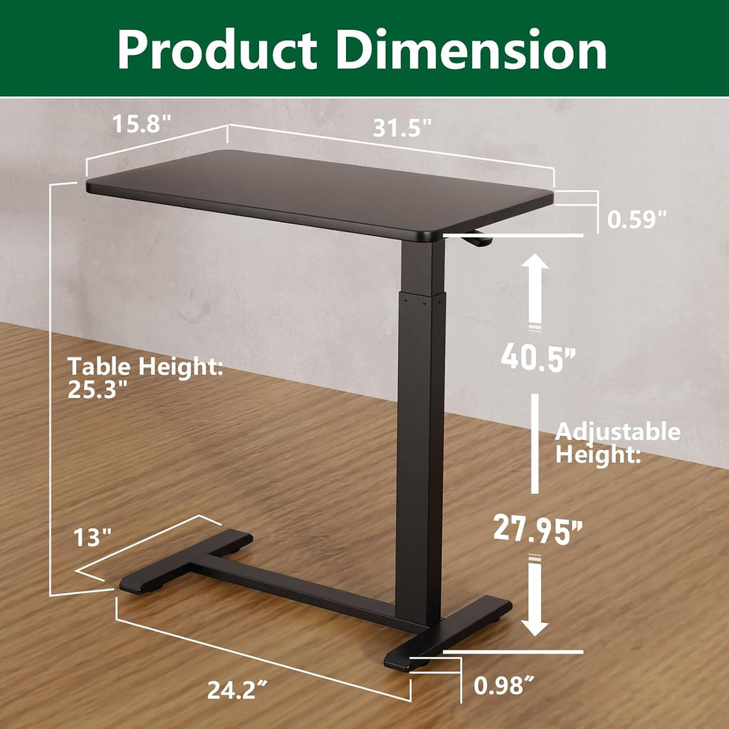Ywin Medical Adjustable Overbed Bedside Table with Wheels, Rolling Standing Desk, Pneumatic Small Side Bed Table with Tray for Couch, Hospital, Home,Office Use (Black)