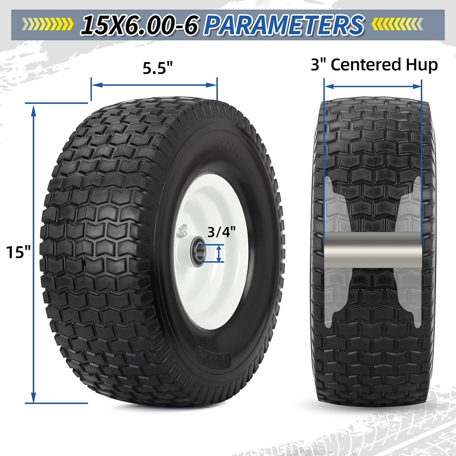 15x6.00-6 Flat Free Lawn Mower Tire and Wheel, Comes with Tire Saver Ramp, 15x6-6nhs Riding Mowers Lawn Tire and Wheel with 3/4' Bearing, 3' Centered Hub, 2 Pack