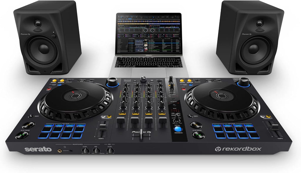 Pioneer DJ DM-50D 5-inch Active Monitor Speaker - Black & RockJam Portable DJ Laptop Stand with Adjustable Height, Anti-Slip Design, Works for Laptops, Controllers and CD Players