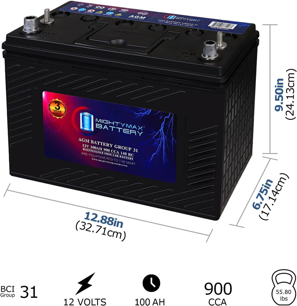 Mighty Max Battery MM-G31 Start and Stop Car BCI Group 31 12V 100AH, 140RC, 900 CCA, Rechargeable AGM Car battery