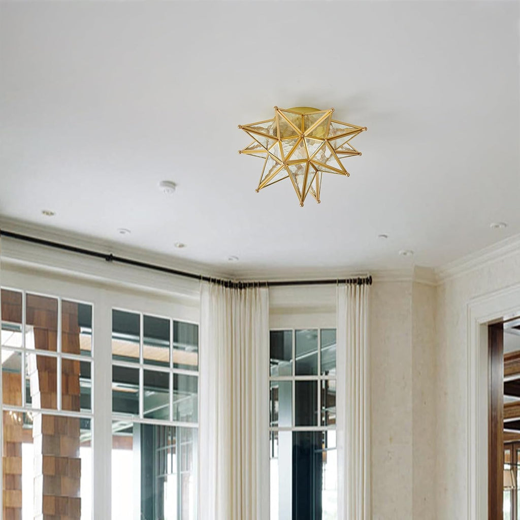 Gold Moravian Star Ceiling Light - 12.7 Inch Brass Vintage Flush Mount Lighting Fixtures with E26 Base - Art Deco Modern Moroccan Glass Fixture Lights for Hallway Kitchen Farmhouse Bedroom Entryway