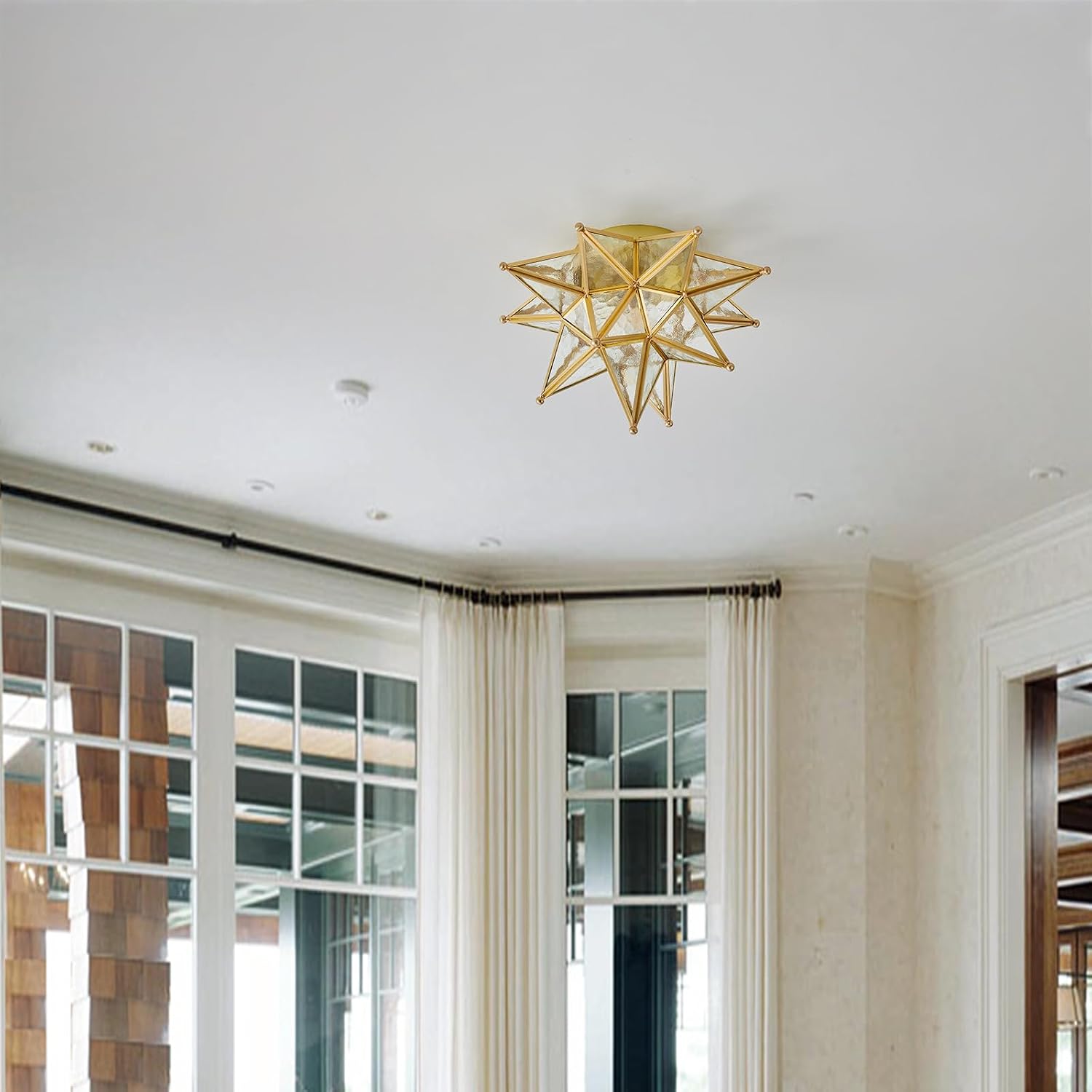 Gold Moravian Star Ceiling Light - 12.7 Inch Brass Vintage Flush Mount Lighting Fixtures with E26 Base - Art Deco Modern Moroccan Glass Fixture Lights for Hallway Kitchen Farmhouse Bedroom Entryway
