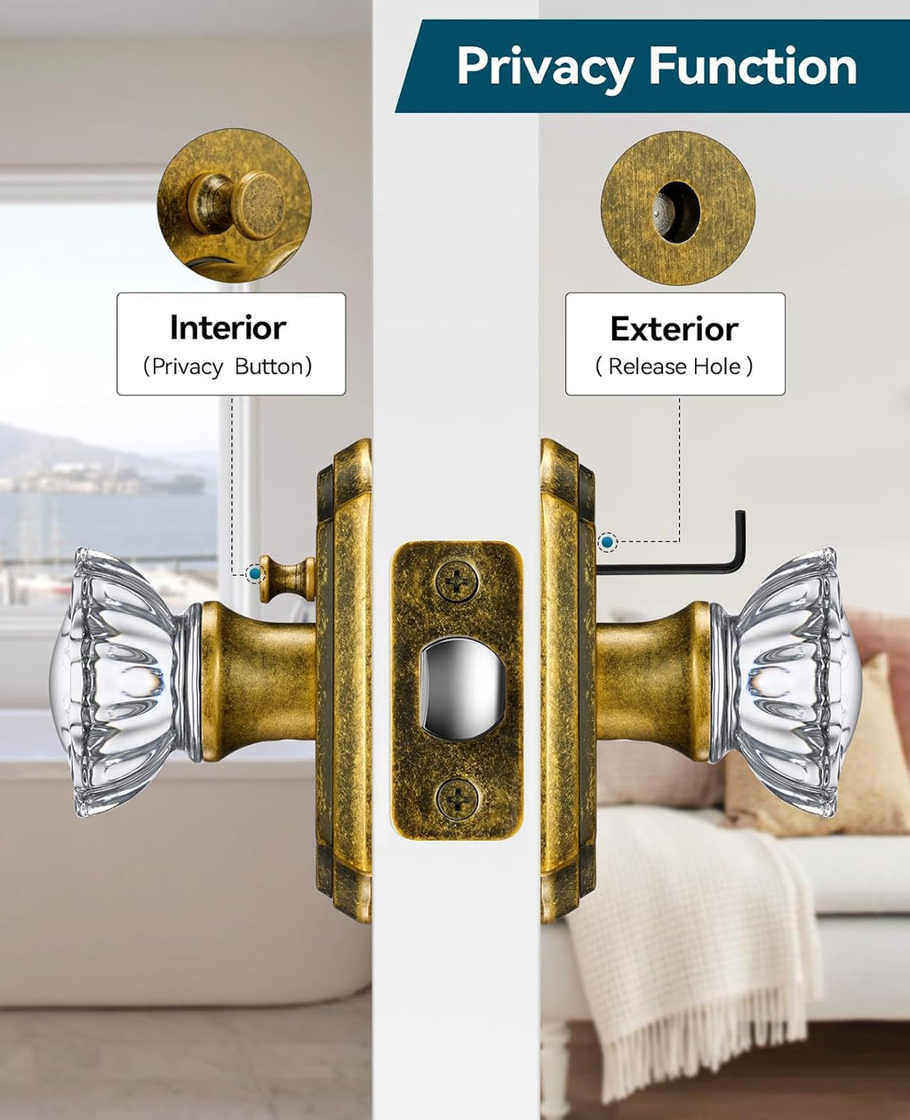 5 Pack Glass Crystal Door Knobs Interior, Aged Brass Crystal Door Knobs with Lock for Privacy Use, Antique Crystal Glass Doorknobs for Bedroom Bathroom Interior Doors