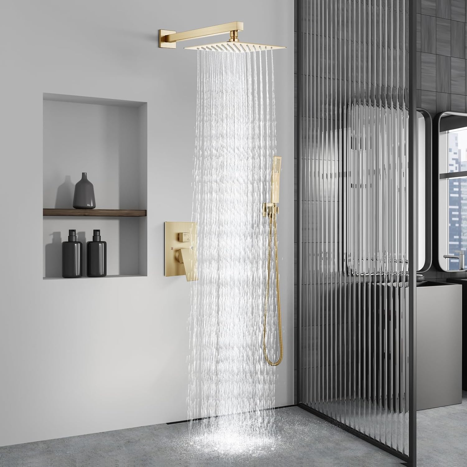 Aolemi Shower Faucet Set Rain Shower System with Handheld Spray Bathroom Shower Combo Rough-in Valve and Shower Trim Kit Included Brushed Gold 8 Inch Wall Mount Shower Head