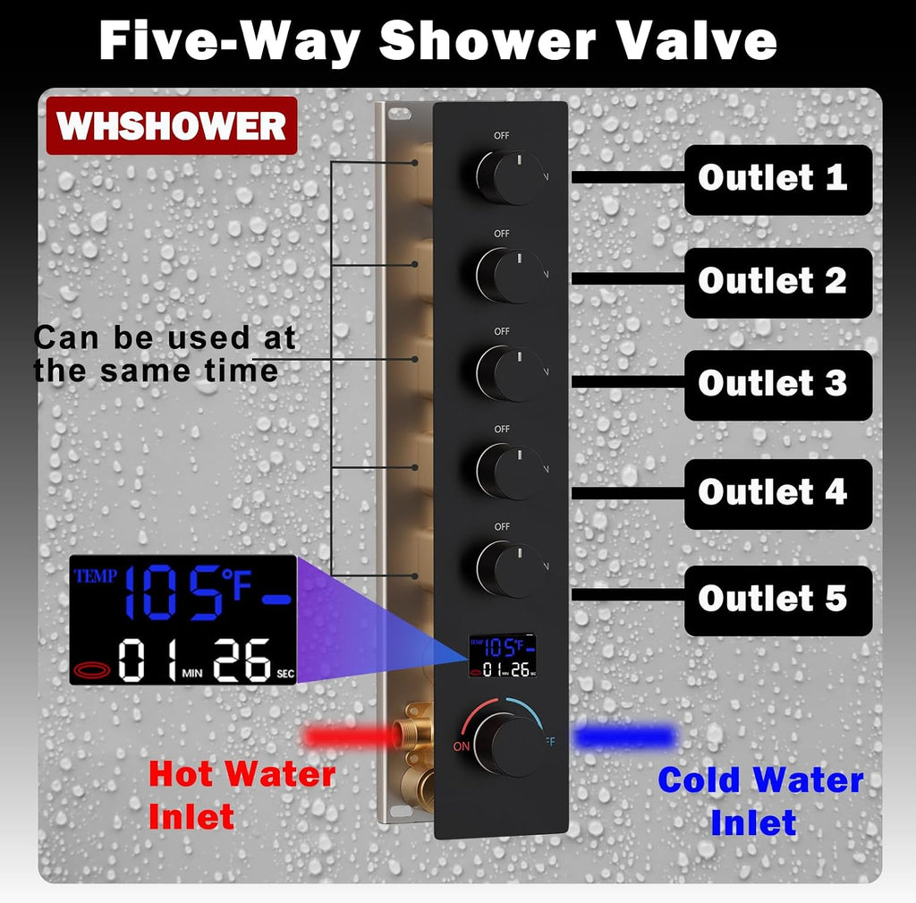Rainfall Shower System with 12+8+8' Three Top Shower Heads, Body Jets and Handheld Shower,Matte Black Full Body Shower System with Digital Display Valve