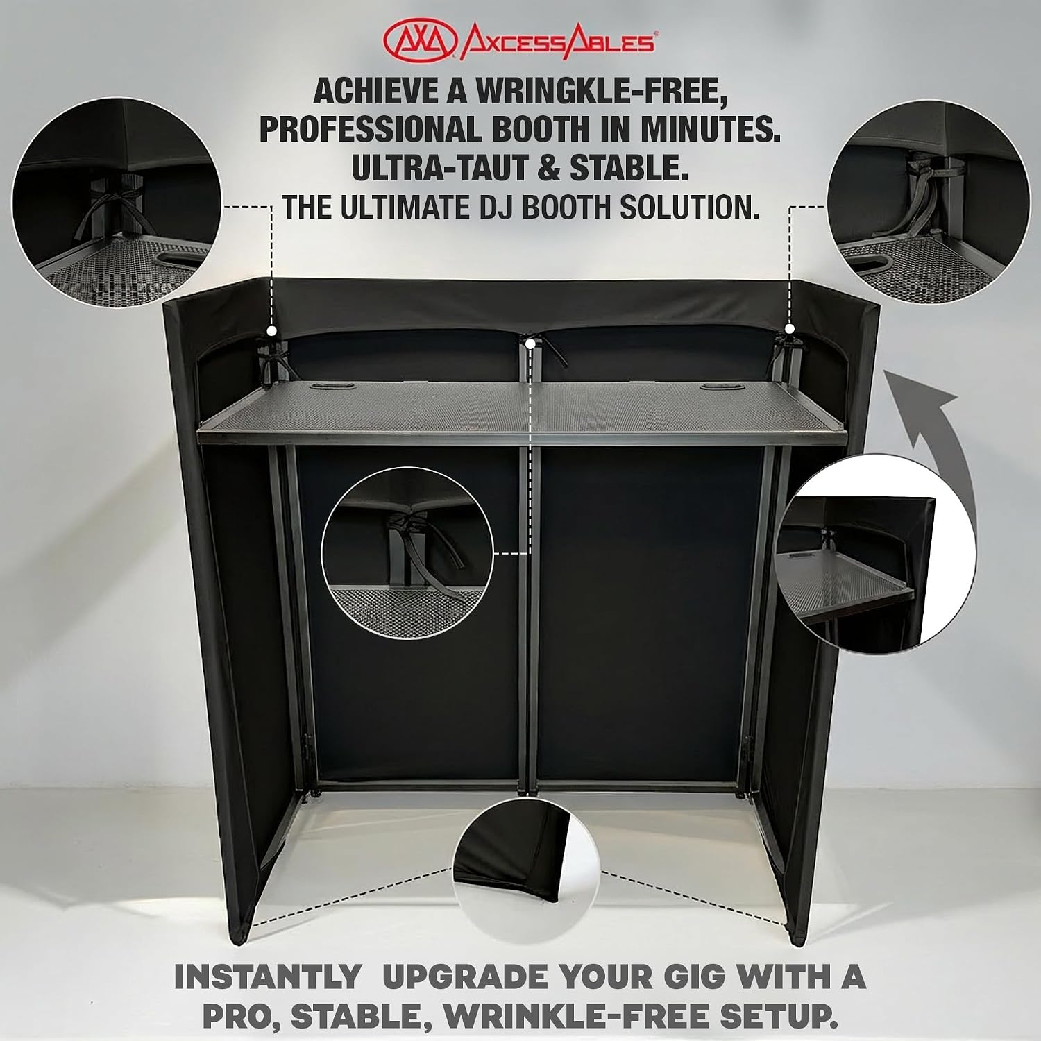 AxcessAbles Portable DJ Facade Booth with Carry Case – 40' x 20' Tabletop, Steel Frame, and Black & White Scrims | White DJ Table | Event Booth (ES-01XBW)