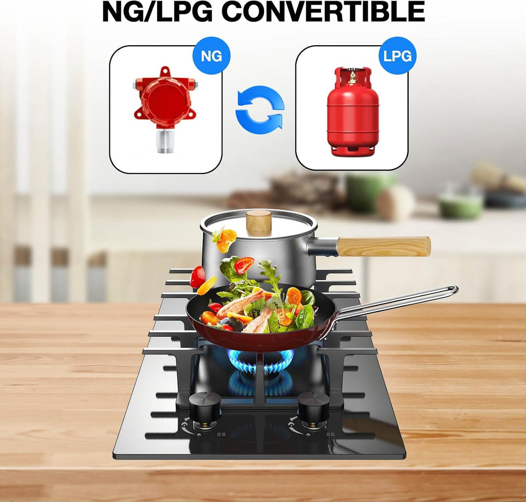 2 Burner Gas Stove Propane Cooktop, Tempered Glass Gas Cooktop 12 inch Stainless Steel Gas Burner with Thermocouple Protection, Lpg/Ng Dual Fuel Built-in Gas Stove Top for Apartments, Rvs