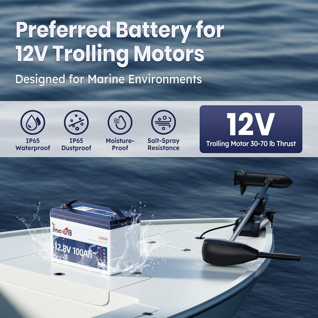 12.8V 100Ah Trolling Motor LiFePO4 Battery with Low-temp Protection, Timeusb Group 31 Lithium Battery, Up to 15000 Deep Cycles Battery for RV, Solar, Travel Trailer, Energy Storage- Off Grid