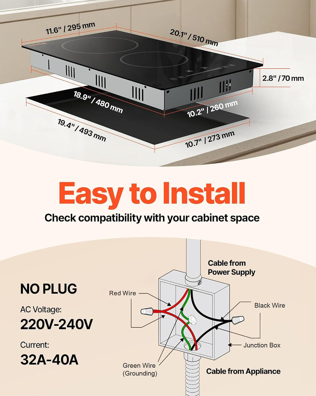Happybuy 20x11.6 Inch Electric Stove Top, 2 Burners, 240V Glass Radiant Cooktop with Sensor Touch Control, Timer, Child Lock, 9 Power Levels for Frying, Simmering, Steaming
