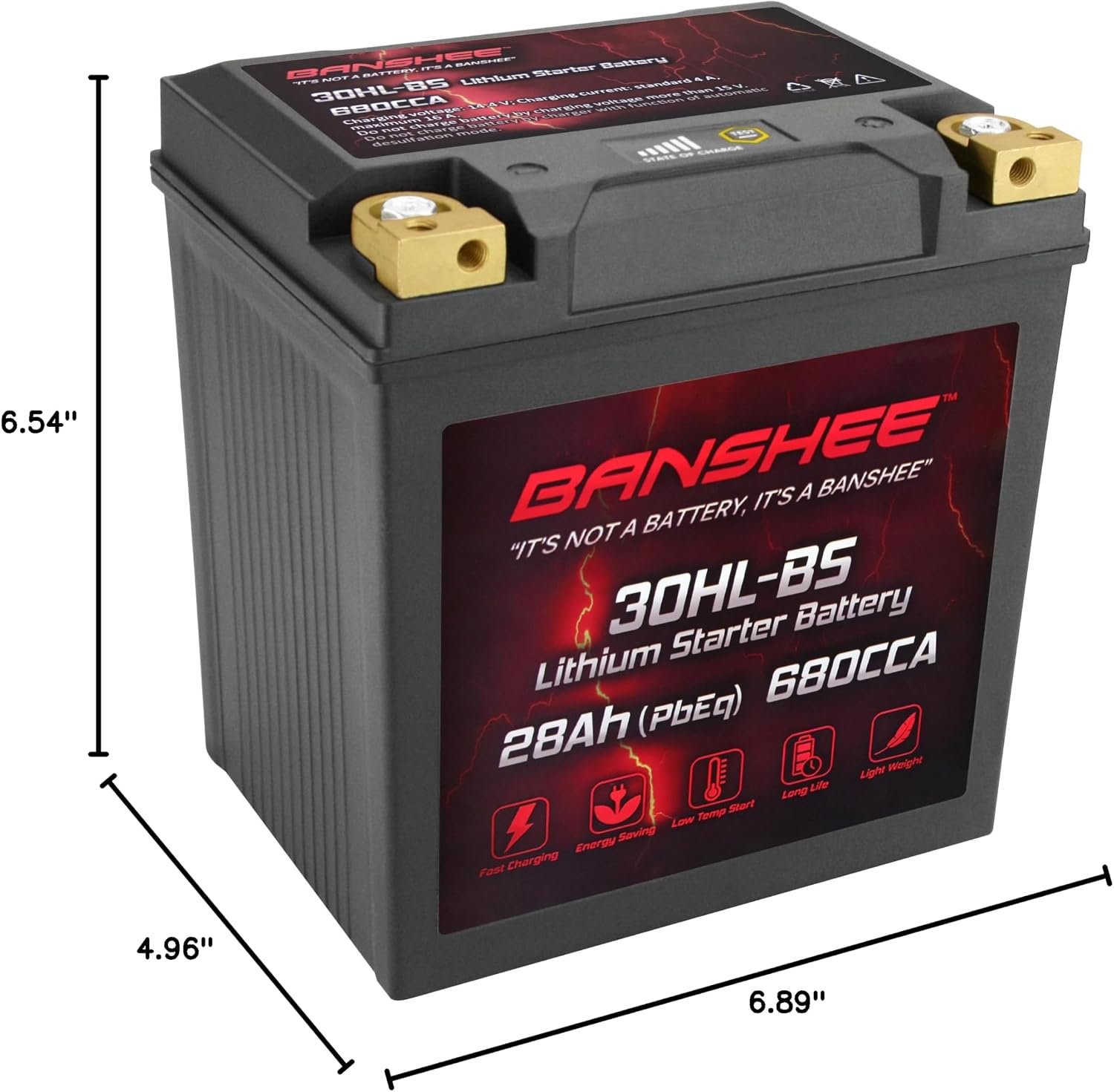 Banshee Lithium YTX30L-BS, 680CCA Lithium LiFePO4 YTX30L Motorcycle Battery, 12V 28AH ATV, UTV, Jet Ski, Scooter, Lawn Mower, Tractor, Generator Battery, Built-in Smart BMS