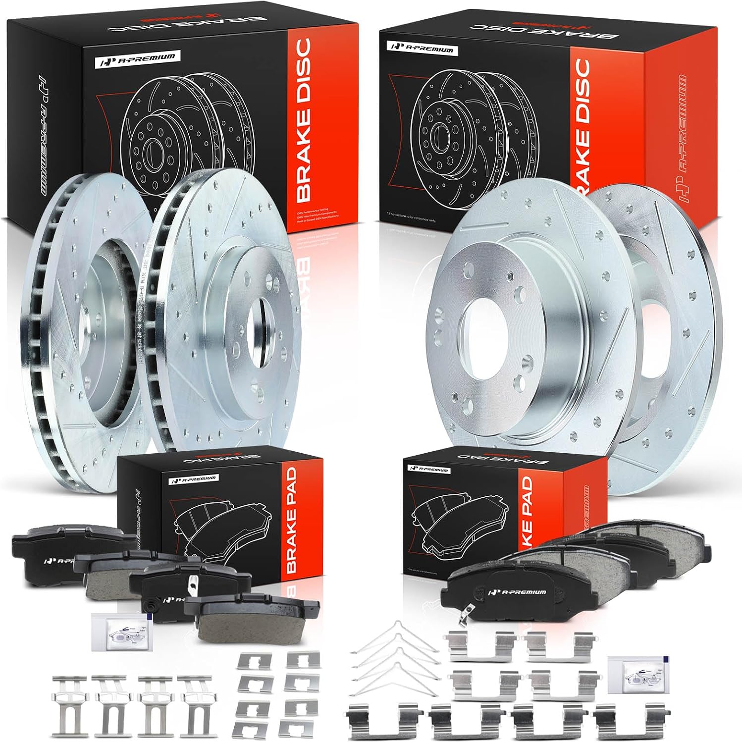 A-Premium Front and Rear Drilled and Slotted Disc Brake Rotors + Ceramic Pads Kit Compatible with Select Honda Models - Accord 2003 2004 2005 2006 2007, 2.4L, 4-Wheel Disc Brakes, 12-PC Set