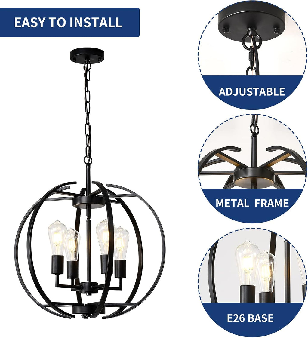 Large Lantern Globe Black Chandelier Lighting, Farmhouse Chandelier Adjustable Pendant Lighting Fixtures Hanging Ceiling 4 Light for Kitchen, Dining Room, Living Room, Hallway