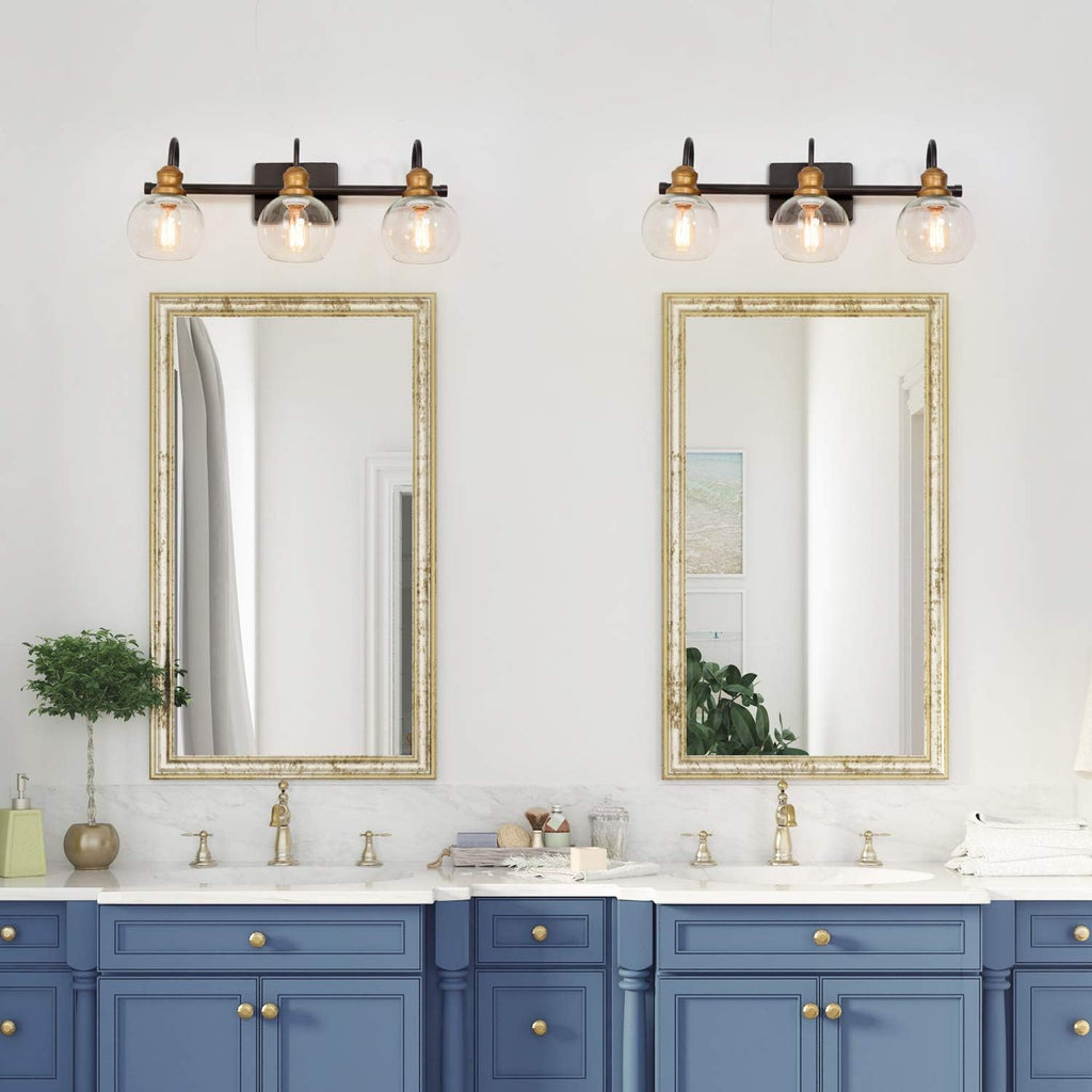 LALUZ Bathroom Light Fixtures, Vanity Lights with Oil Rubbed Bronze Finish, Antique Gold Socket, Clear Glass Shade, 22.5'' L x 7'' W x 9'' H