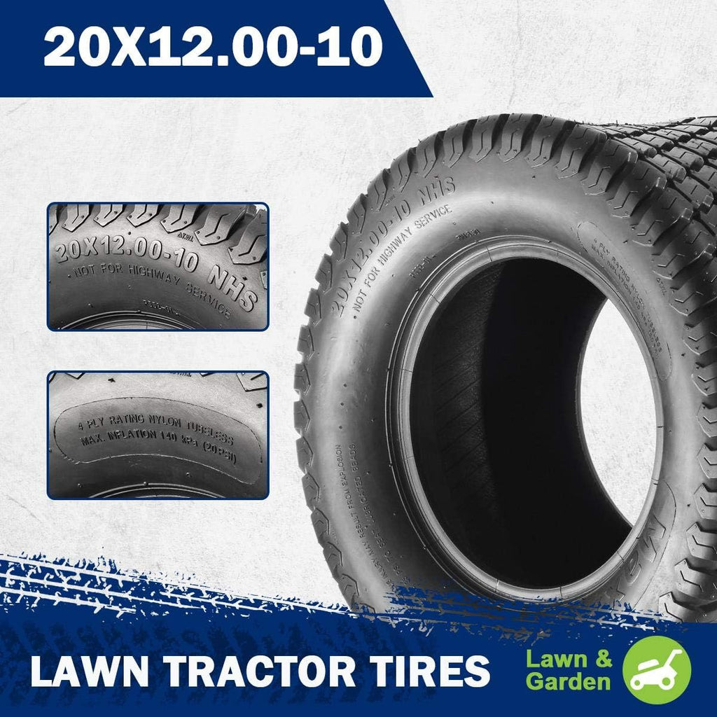 MaxAuto 20x12x10 Lawn Mower Tires, 20x12-10 nhs tire for Garden Turf Golf Cart Riding Tractor Tire, P332 4PR Tubeless, Load Capacity 1320LBS, 2Pcs