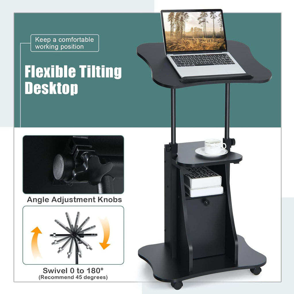 COSTWAY Mobile Lectern Podium Stand, Rolling Laptop Cart w/ 180° Tilting Tabletop, Storage Compartments & Lockable Casters, Sit-to-Stand Computer Workstation for Home, Office, School (Black, Set of 2)