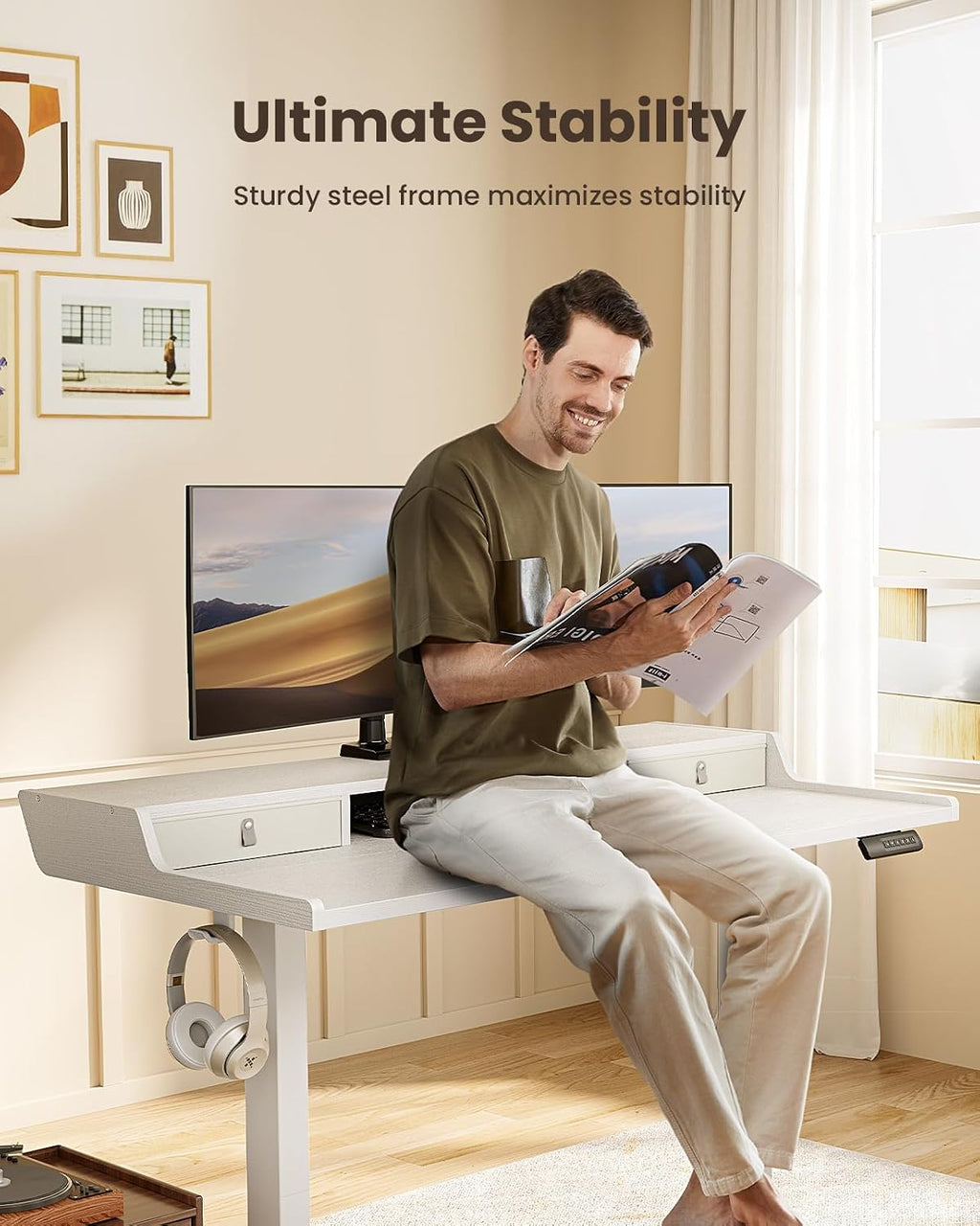 ErGear Electric Standing Desk with Drawers, 48″ x 24″ Gaming Table Compatible Monitor Stand, Stand up Desks, Home Office Height-Adjustable Desk with Storage Shelf, 4 Preset Heights, White