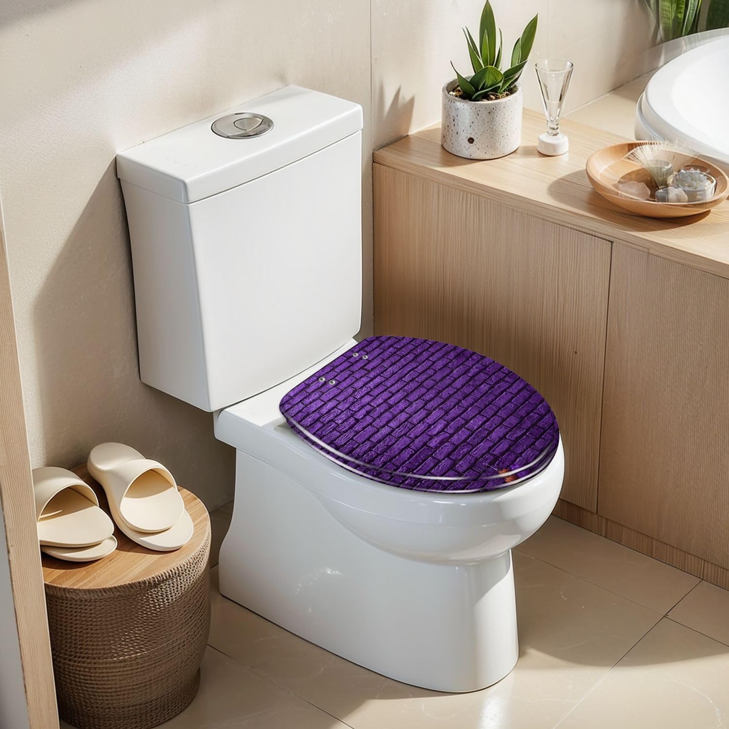 Elongated Toilet Seat Violet brick wall Halloween day Resin Toilet Seat Slow Quiet Close Lid with Quick-Release Hinges Cover Bumpers Easy to Clean Install