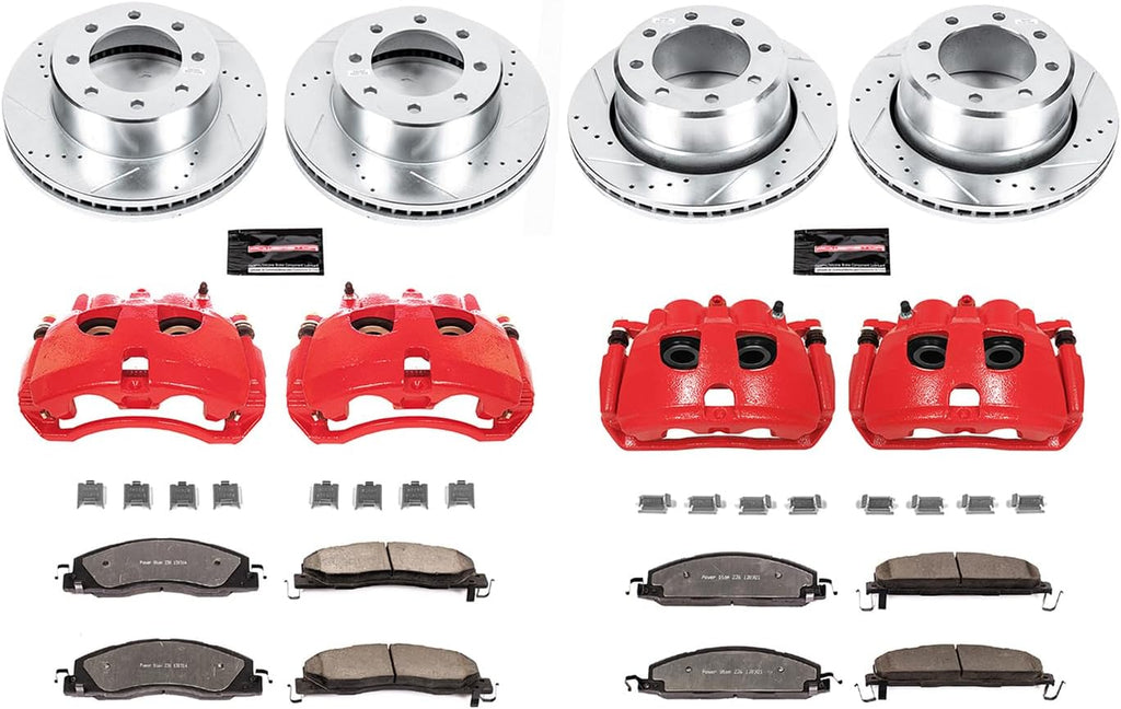 PowerStop Front and Rear Brake & Caliper Kit for Dodge Ram 2500 2009-10 |Ram 3500 2009-10 |Ram 1500 2012 - Drilled & Slotted Disc Rotors + Z36 Brake Pads + Red-Powder Coated Calipers, KC5458-36