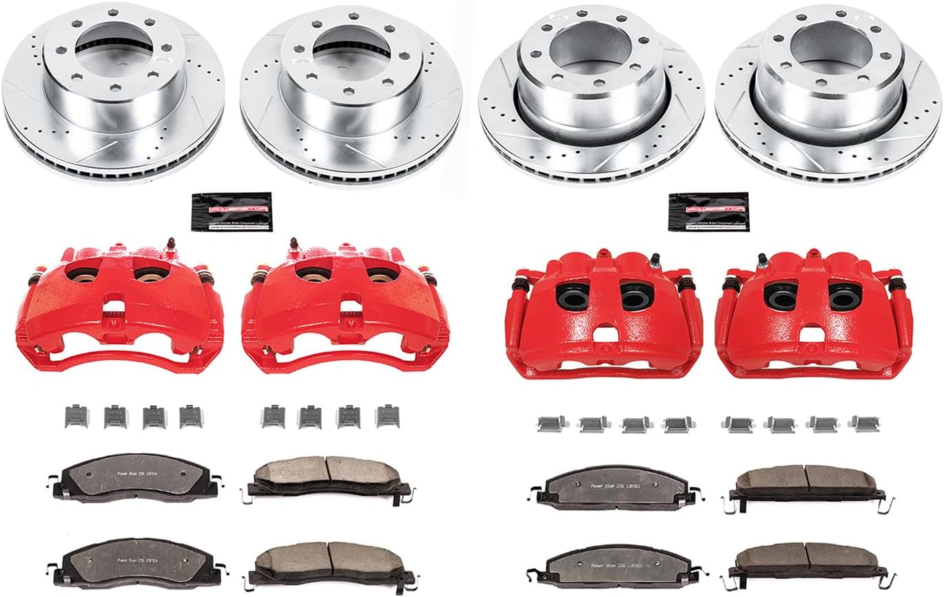 PowerStop Front and Rear Brake & Caliper Kit for Dodge Ram 2500 2009-10 |Ram 3500 2009-10 |Ram 1500 2012 - Drilled & Slotted Disc Rotors + Z36 Brake Pads + Red-Powder Coated Calipers, KC5458-36