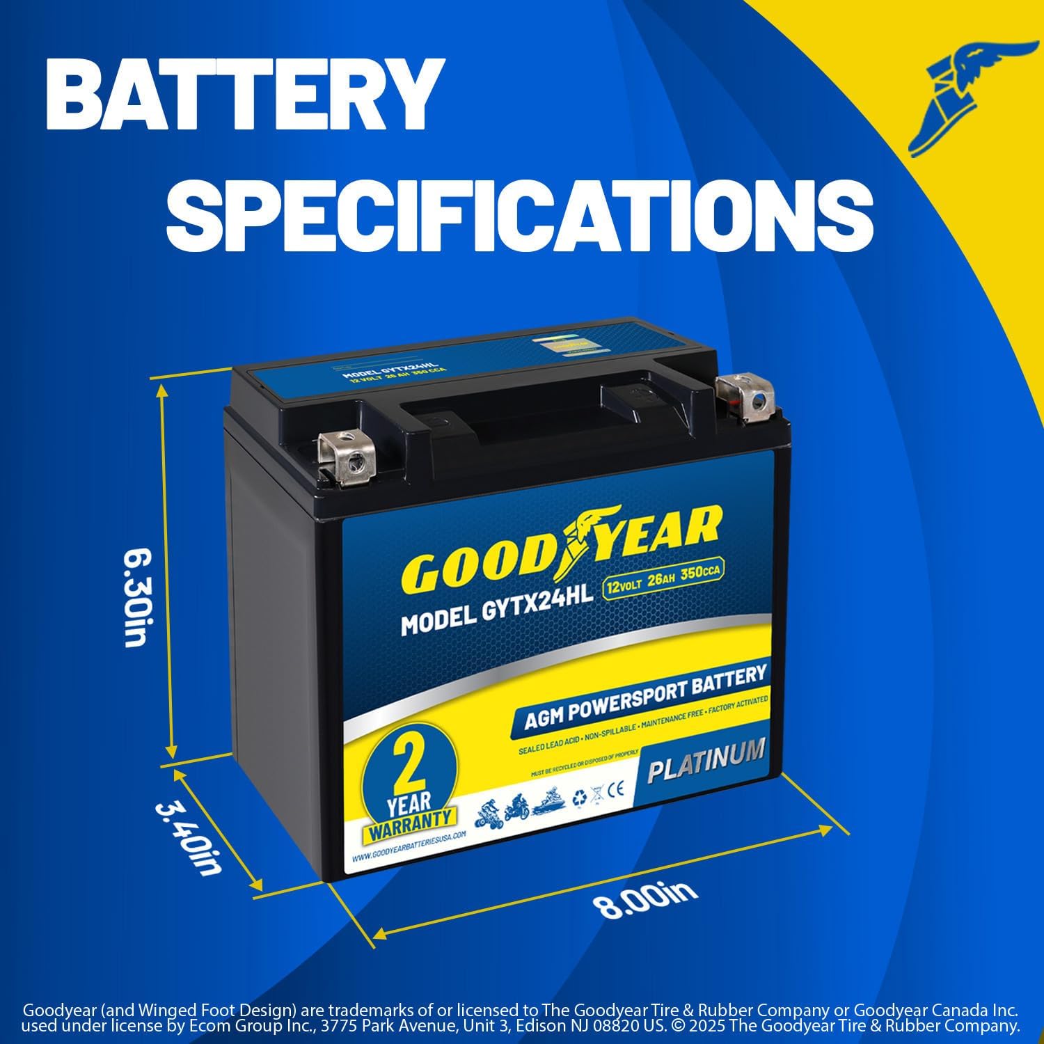 Goodyear GYTX24HL - 12 Volt 26 AH, 350 CCA, Rechargeable High-Performance, Maintenance Free, SLA - AGM Battery for Motorcycle, ATV, UTV, Scooter, Snowmobile, Motorbike and more!