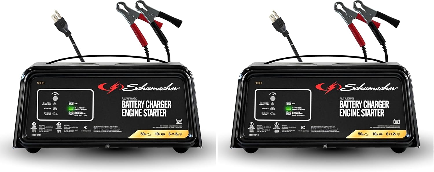 Schumacher Electric 6A Car Battery Charger and 50A Engine Starter,4-in-1 Solution,Maintainer,10A Boost,for 12V Power Sport,Automotive,and Marine Batteries,SC1361,(Pack of 2)