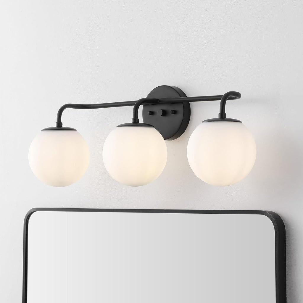 JONATHAN Y 25' Black Modern Globe Wall Sconce Vanity Light for Bathroom, White Frosted Glass Shade, Midcentury Parisian Bistro Wall Lamp, LED Bulb Included (JYL3536B)