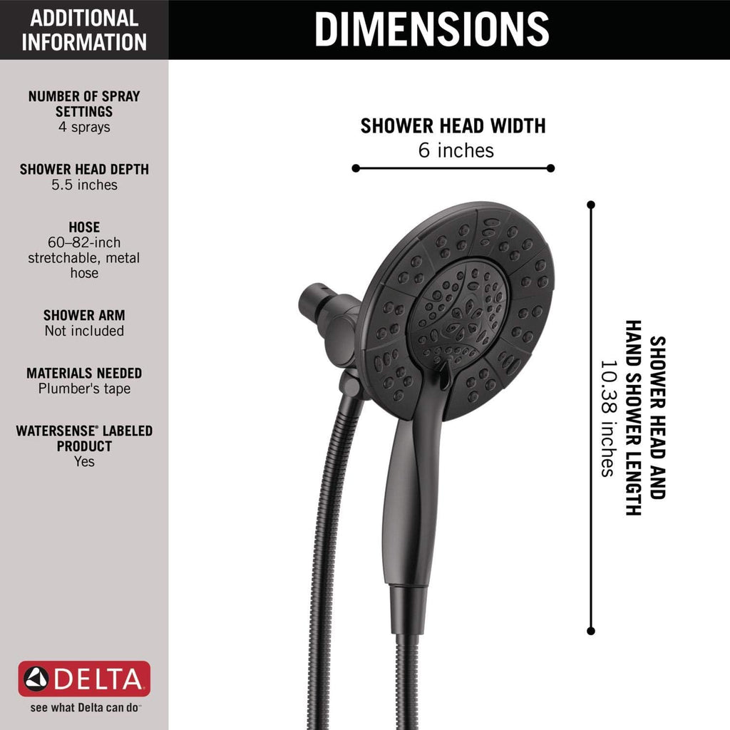 Delta 4-Setting In2ition 2-in-1 Dual Shower Head with HandHeld Spray, Matte Black Detachable Shower Head with Hose, Showerhead, 1.75 GPM Flow Rate, Matte Black 58499-BL