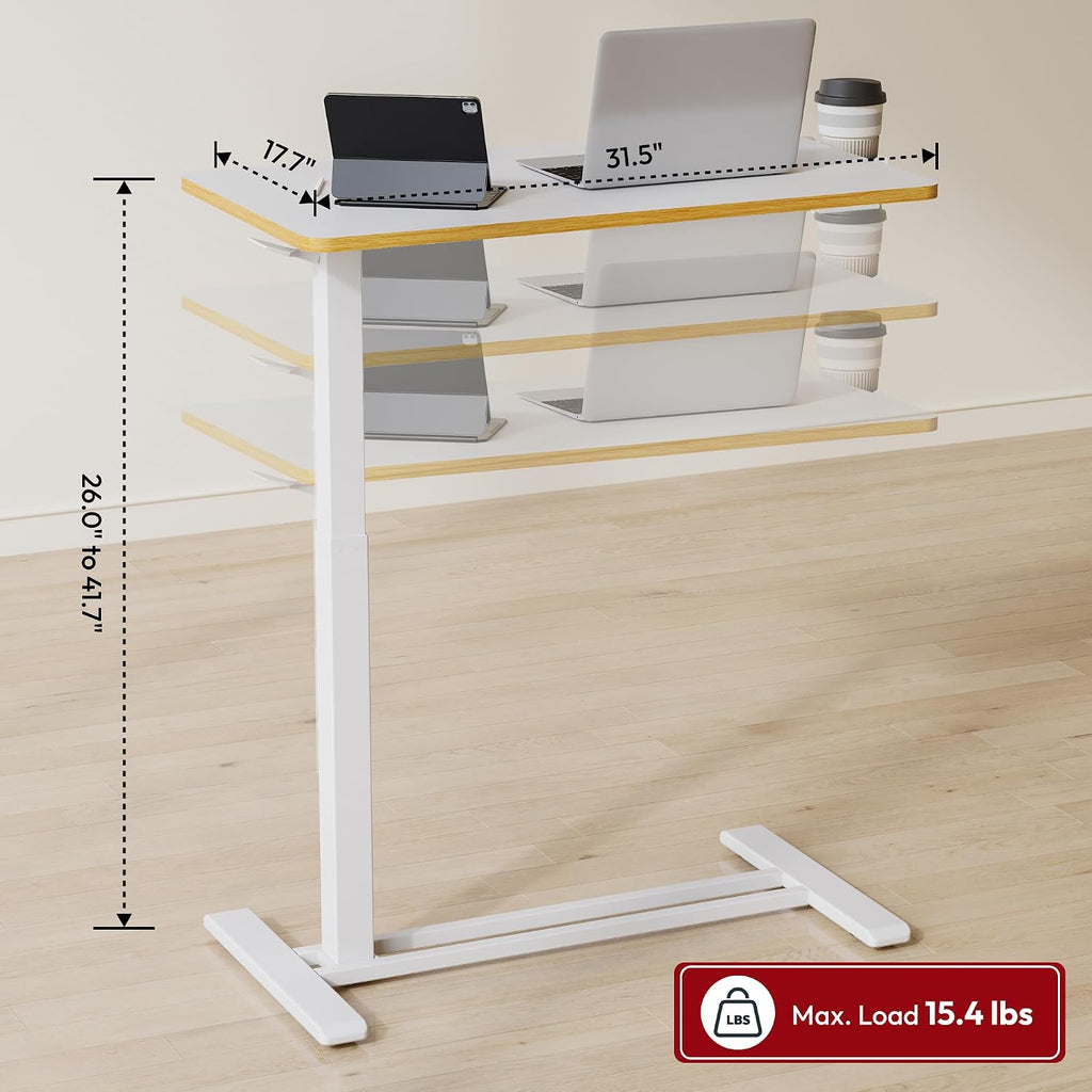 SANODESK Medical Adjustable Overbed Bedside Table with Hidden Casters, Pneumatic Mobile Laptop Computer Standing Desk Cart with Tray, Hospital and Home Use(31.5' W x 17.7' D, White)
