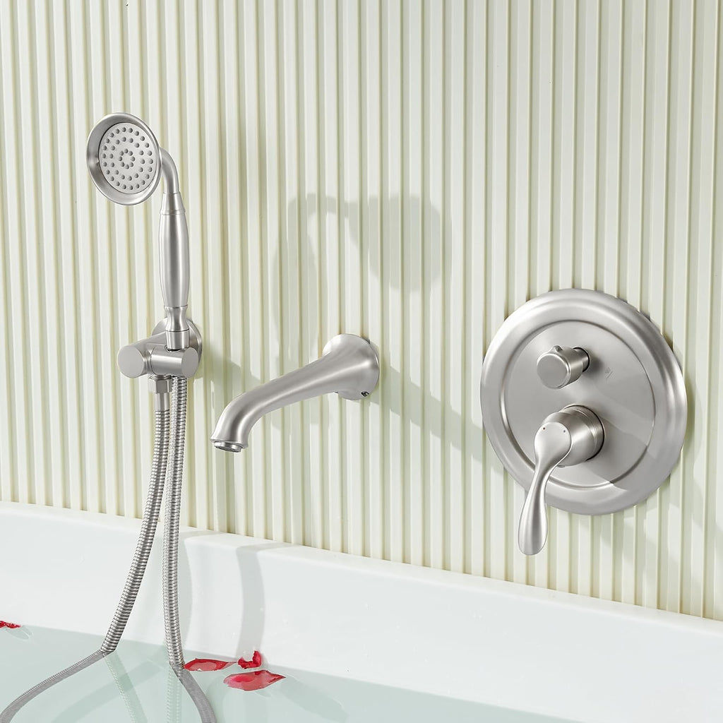 DASAN Antique Wall Mount Tub Filler Faucet with Hand Held Shower, Brushed Nickel Bathtub Faucet with Sprayer Wall Mounted Roman Bath Tub Faucet Set with High Flow Rough in Valve, AT201TF-BN