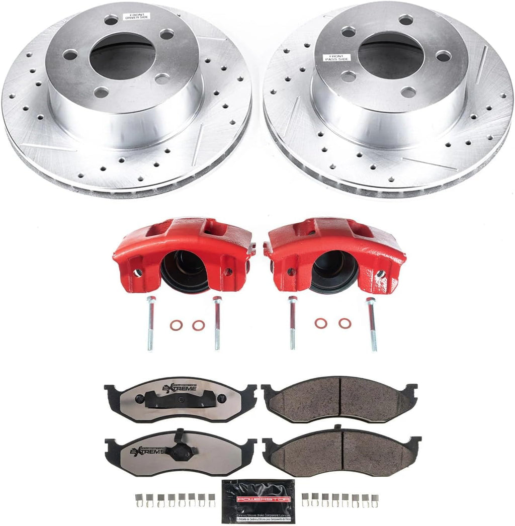 PowerStop Front Brake & Caliper Kit for Jeep Cherokee 1990-99 |Comanche 1990-92 |Grand Cherokee 1993-98 - Drilled & Slotted Disc Rotors + Z36 Brake Pads + Red-Powder Coated Calipers, KC2119-36