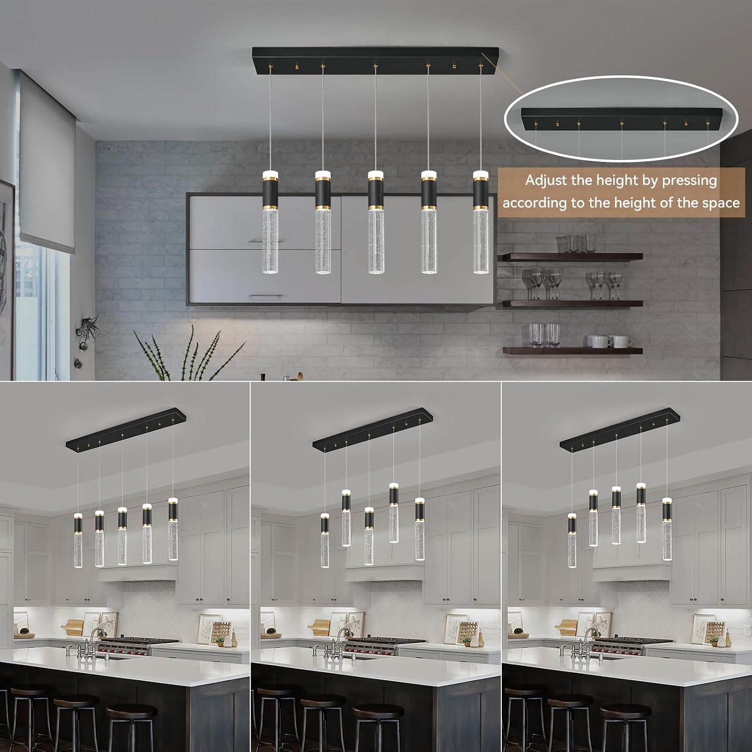 Pendant Lights Kitchen Island, Dimmable LED Pendant Light Fixtures, Black Gold Pendant Light Modern with Bubble Crystal Pendant Light, Pendant Lighting for Kitchen Island Dining Room 5-Light