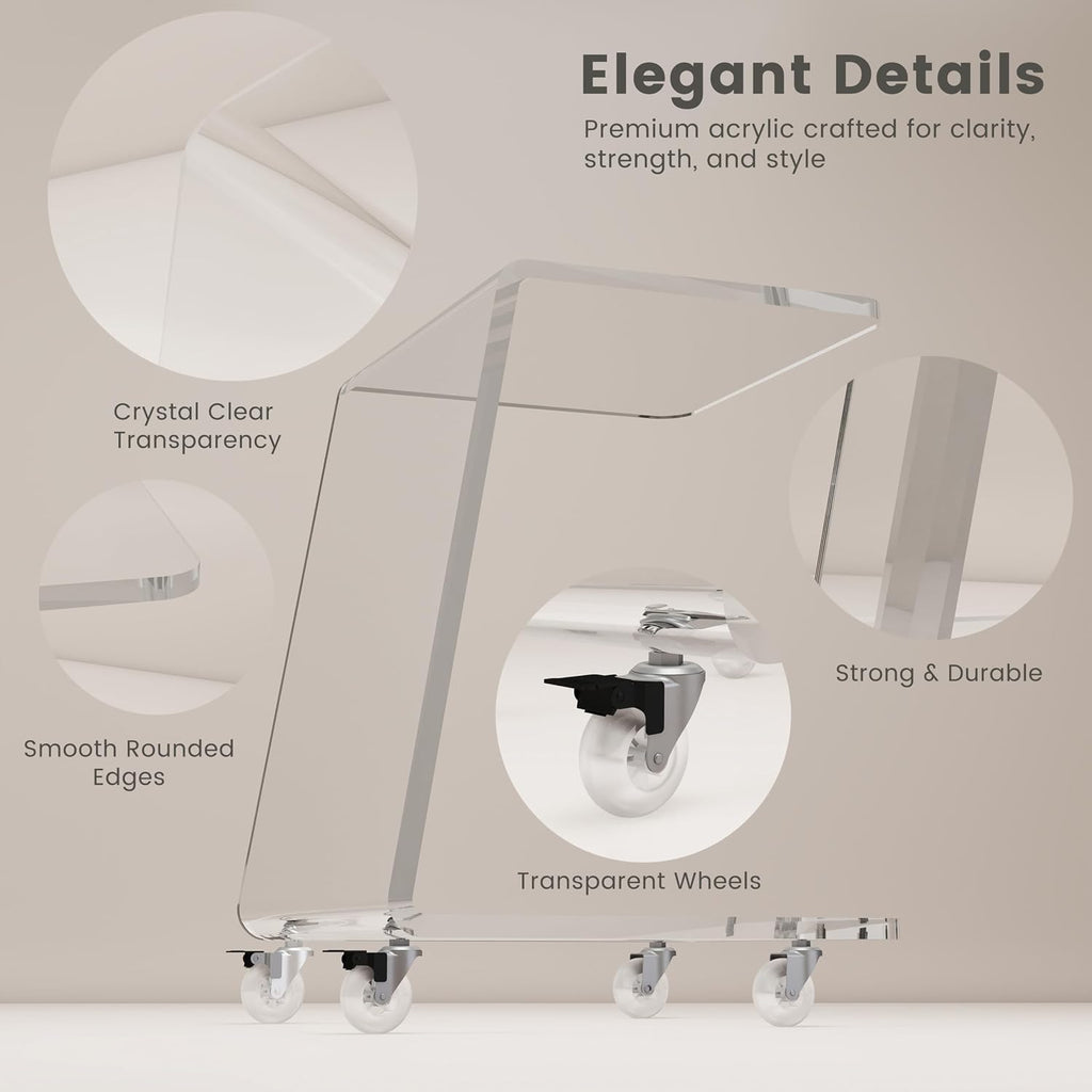C Shaped Side Table for Sofa, Heavy Clear Acrylic Mobile End Table on Wheels, Modern Rolling Snack & Drink Use for Living Room & Bedroom, Space-Efficient Design with Sturdy Construction, 15mm Thick