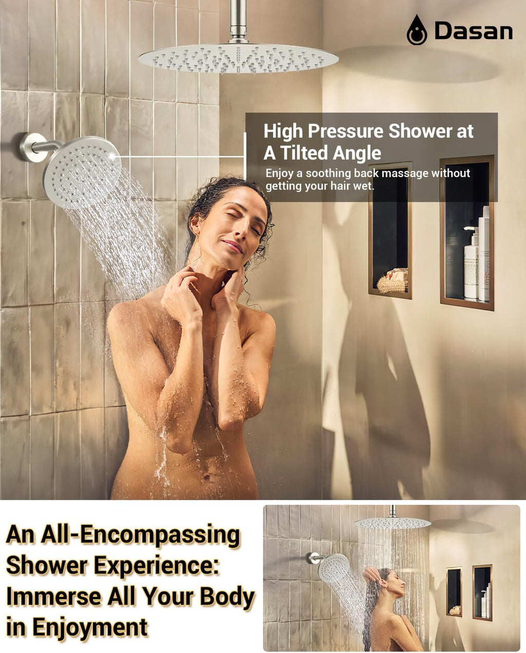 Dasan Rainfall Full Body Shower Faucet System with 12'' Round Shower & 6'' Shower Head,Brushed Nickel Dual Shower Head Faucets Set with Handheld & Valve, Double Shower Head System for Couples/2-Person