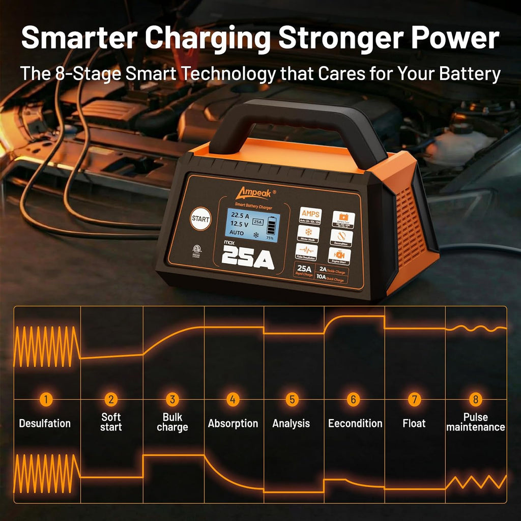 Ampeak 25A 12V Battery Charger and Trickle Charger, 2A/10A/25A Automatic Battery Maintainer with Winter Mode & Auto Desulfator for Car, Truck, Lead-Acid, LiFePO4 Batteries