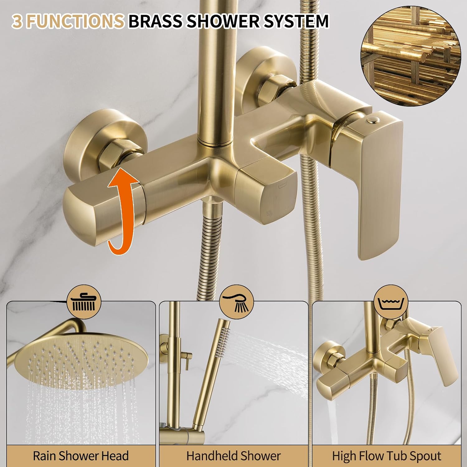 Exposed Shower System with Rain Shower and Handheld Sprayer, Outdoor Shower Fixture with Tub Spout, Rainfall Showerhead Faucet Combo Set for Bathroom Height Adjustable Shower Mixer Brushed Gold