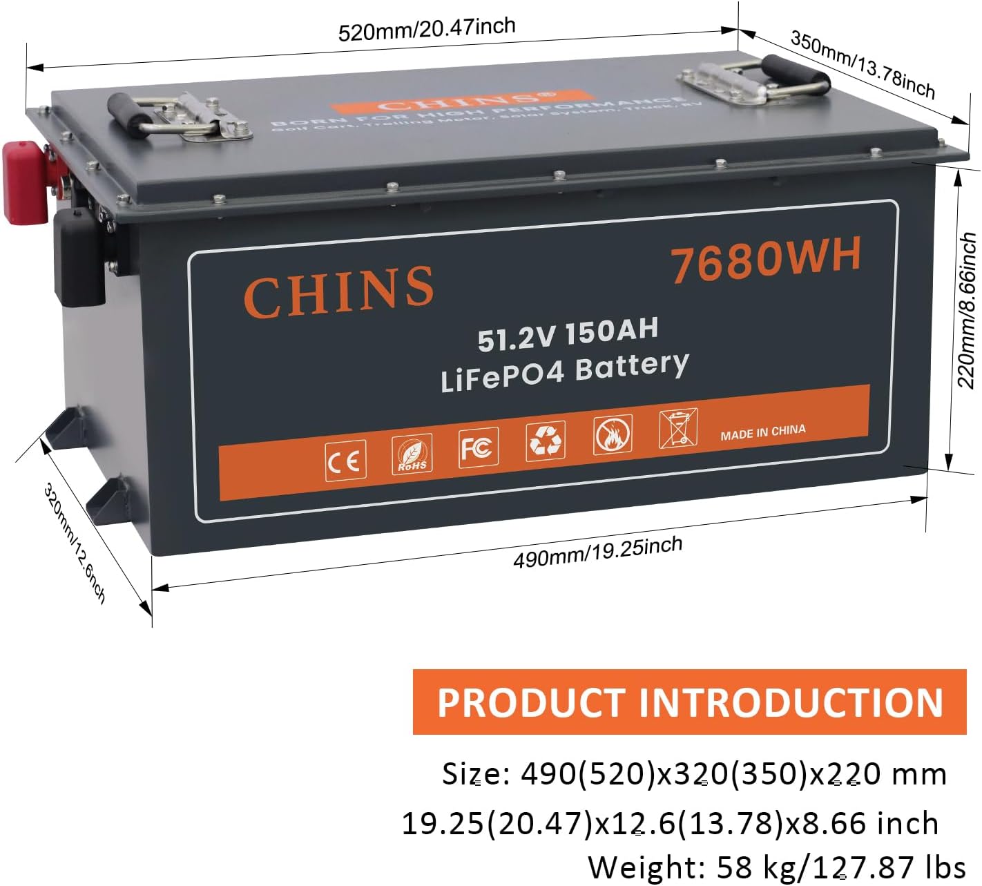 CHINS 48V 150Ah Lithium Golf Cart Battery with 48V 18A Lithium Charger, Built-in Smart 200A BMS, with Touch Monitor & Mobile APP, 4000+ Cycles Rechargeable LiFePO4 Battery, Max 10.24kW Power Output