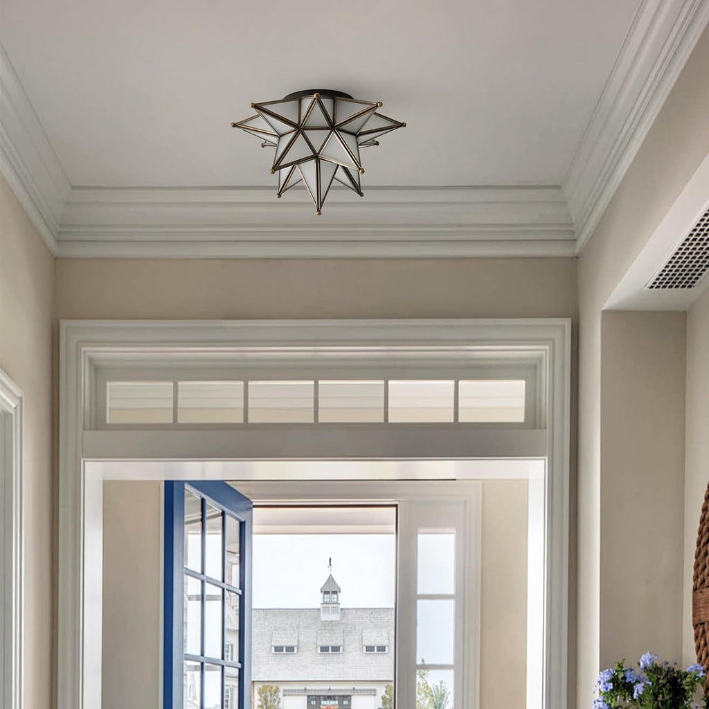 Black Moravian Star Ceiling Light - Oil Rubbed Bronze Vintage Antique Flush Mount Lighting - Art Deco Mid Century Milk Glass Fixture Lights for Hallway Bedroom Room Hall Entryway Laundry Foyer Kitchen