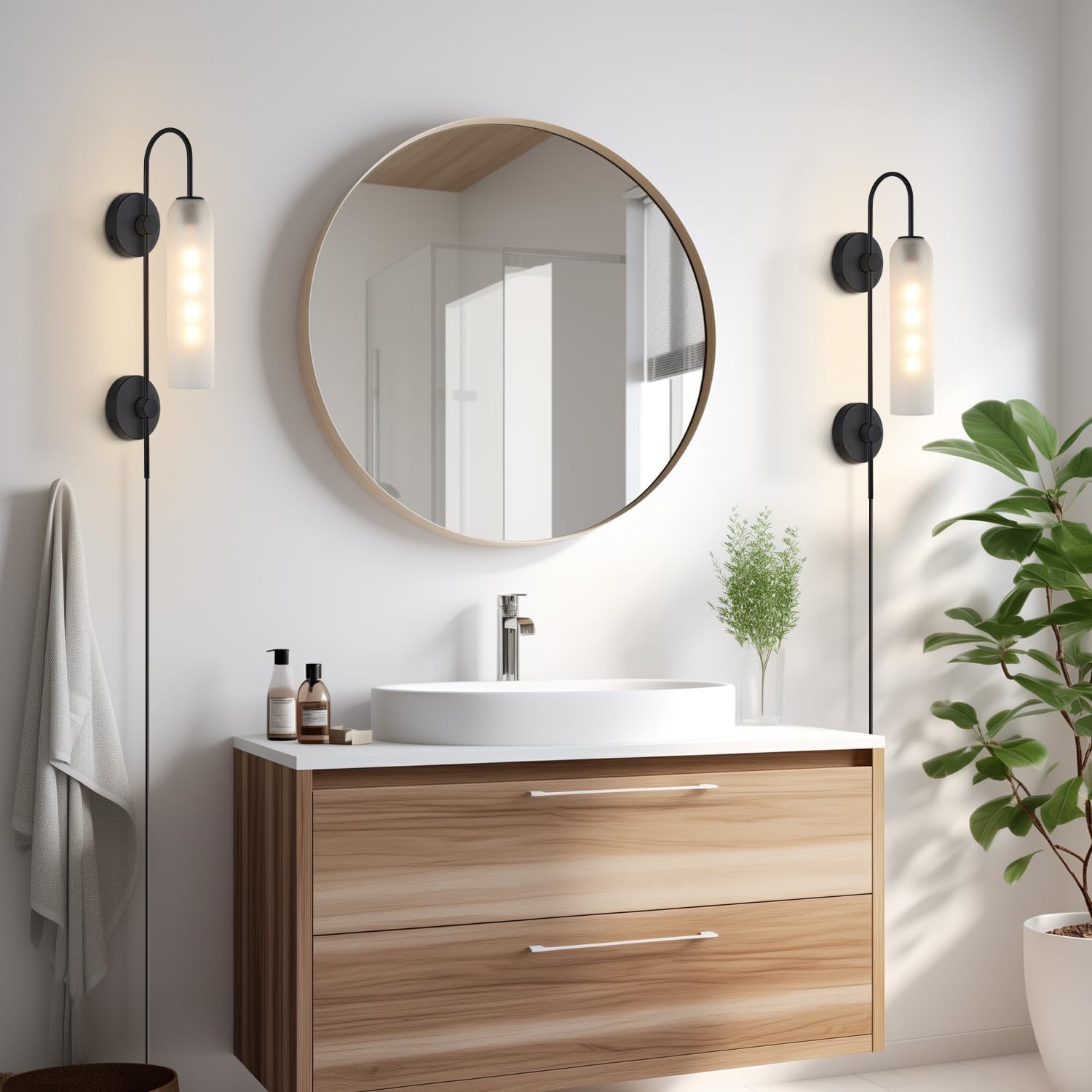 BOKT Black Wall Lights Plug in for Bedroom, Frosted Milky White Glass Wall Sconce Decor, Large Modern Wall Sconces for Living Room