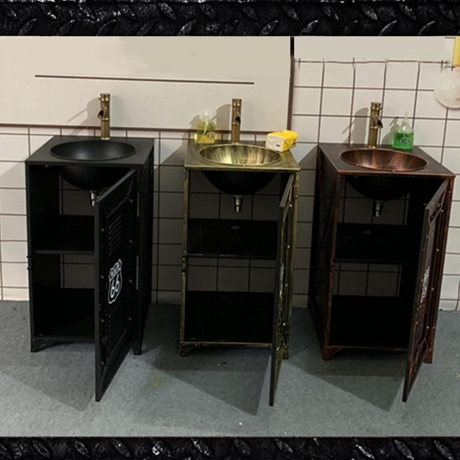 Industrial Style Retro,Creative One Piece Pedestal Basin Wrought Iron,Pedestal Sink Storage Cabinet Two Tiers - Toilet Standing Washbasin,Ideal for Organizing Bathroom ES-Black-Without Mirror