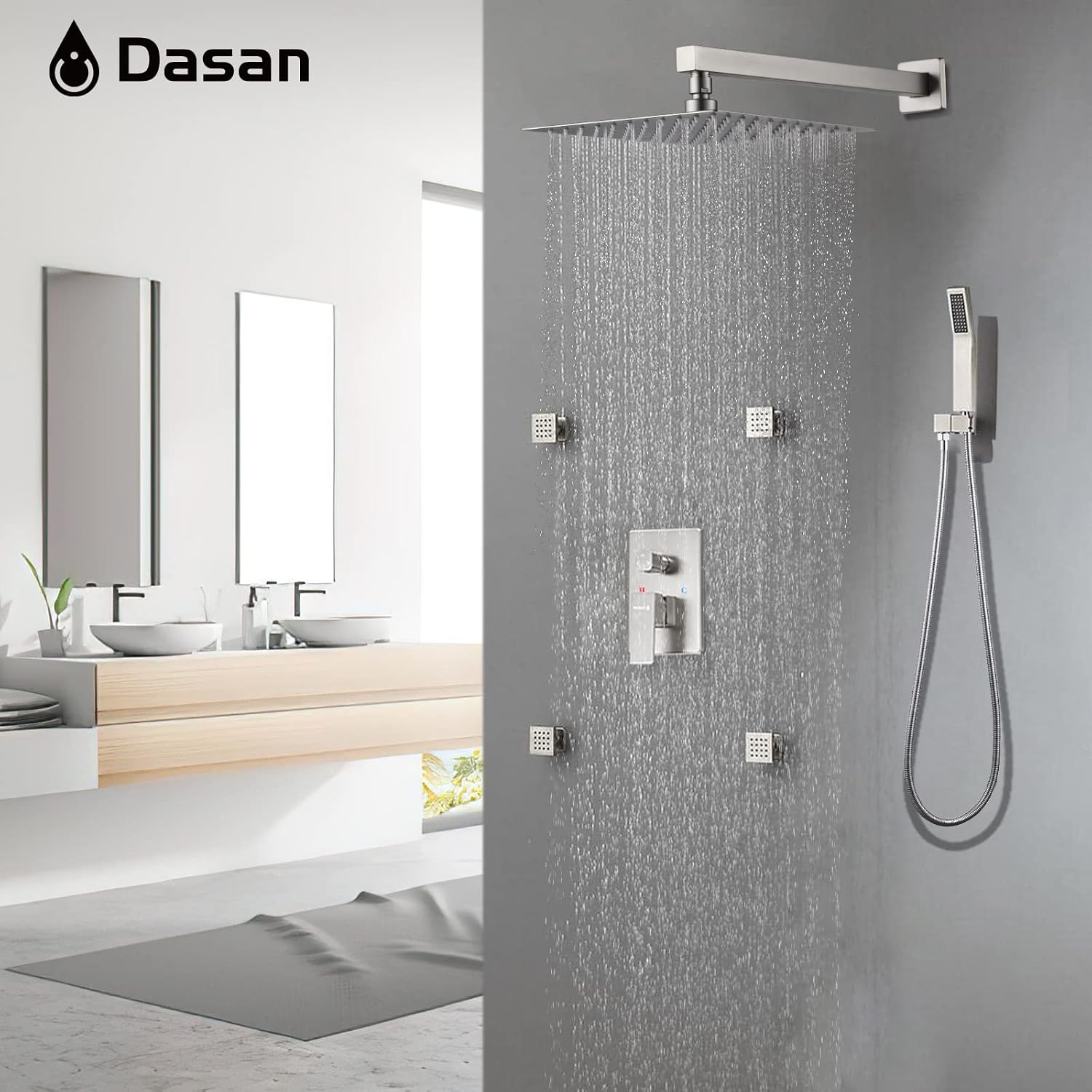 Full Body Rain Shower System with 4 Body Shower Jets & 12' Wall Mount Rainfall Shower Head & Handheld, DASAN Multi Shower Head System Brushed Nickel Rain Shower Faucets sets Combo with Rough-in Valve
