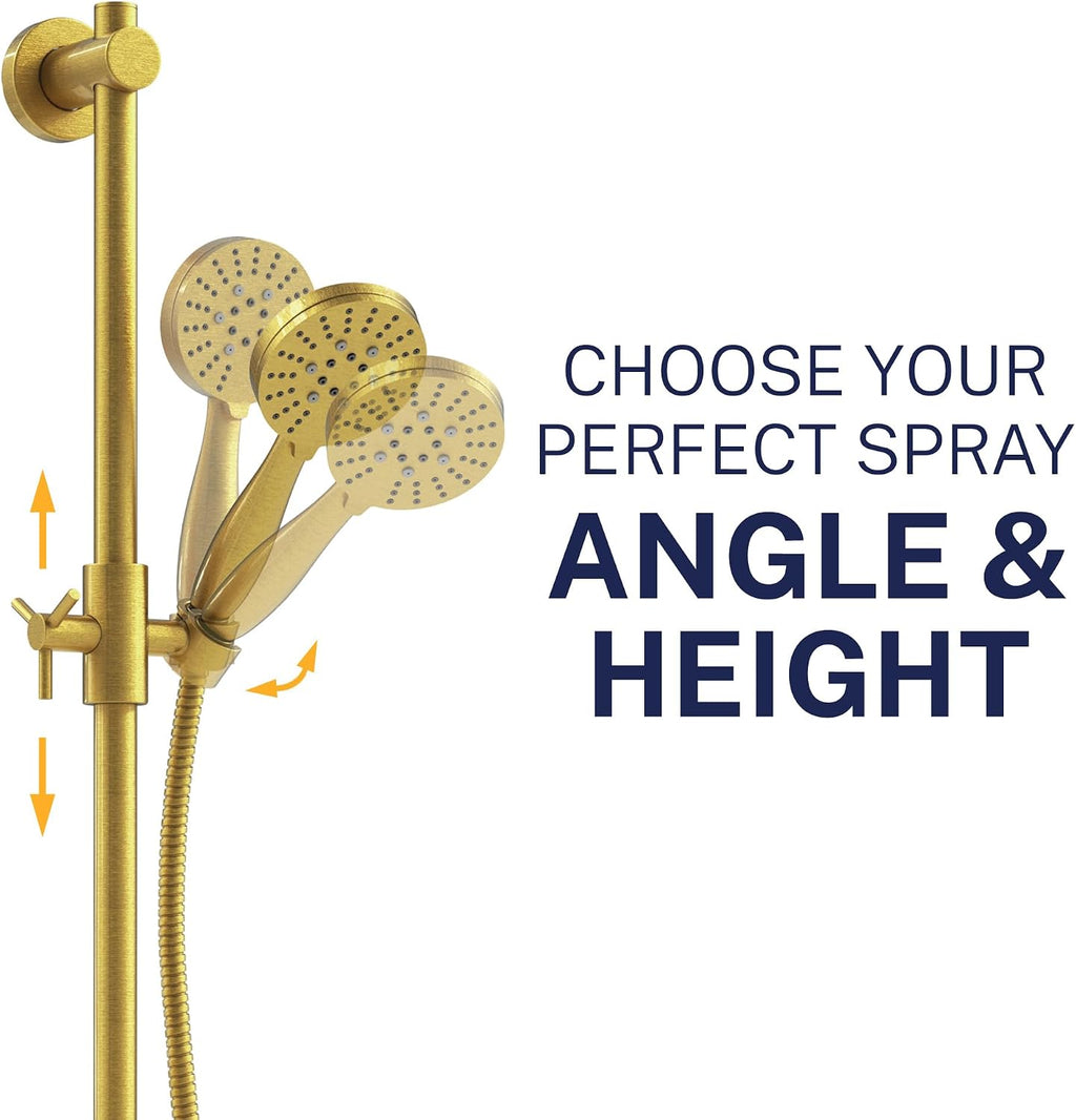 HammerHead Showers Solid Metal 27.5 Inch Shower Slide Bar with 3-Spray Handheld Shower Head with Long Hose and Holder, 1.75 GPM Low Flow Shower Head, Brushed Gold