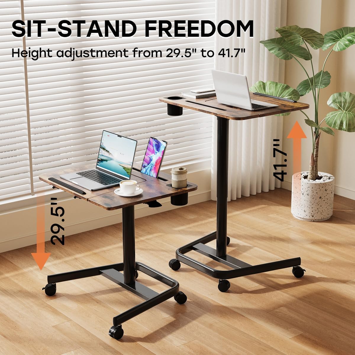JOY worker Mobile Standing Desk, Height Adjustable Table, 60° Tiltable Rolling Laptop Desk, Portable Sit Stand Desk with Wheels Cup Holder for Bed Couch Hospital, Holds Up to 22lbs, Rustic