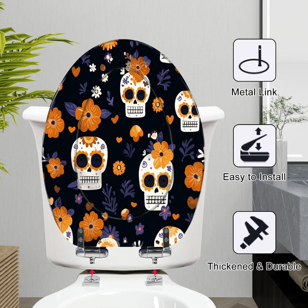 Elongated Toilet Seat Hand drawn seamless cute sugar skulls flowers for fabric Resin Toilet Seat Slow Quiet Close Lid with Quick-Release Hinges Cover Bumpers Easy to Clean Install