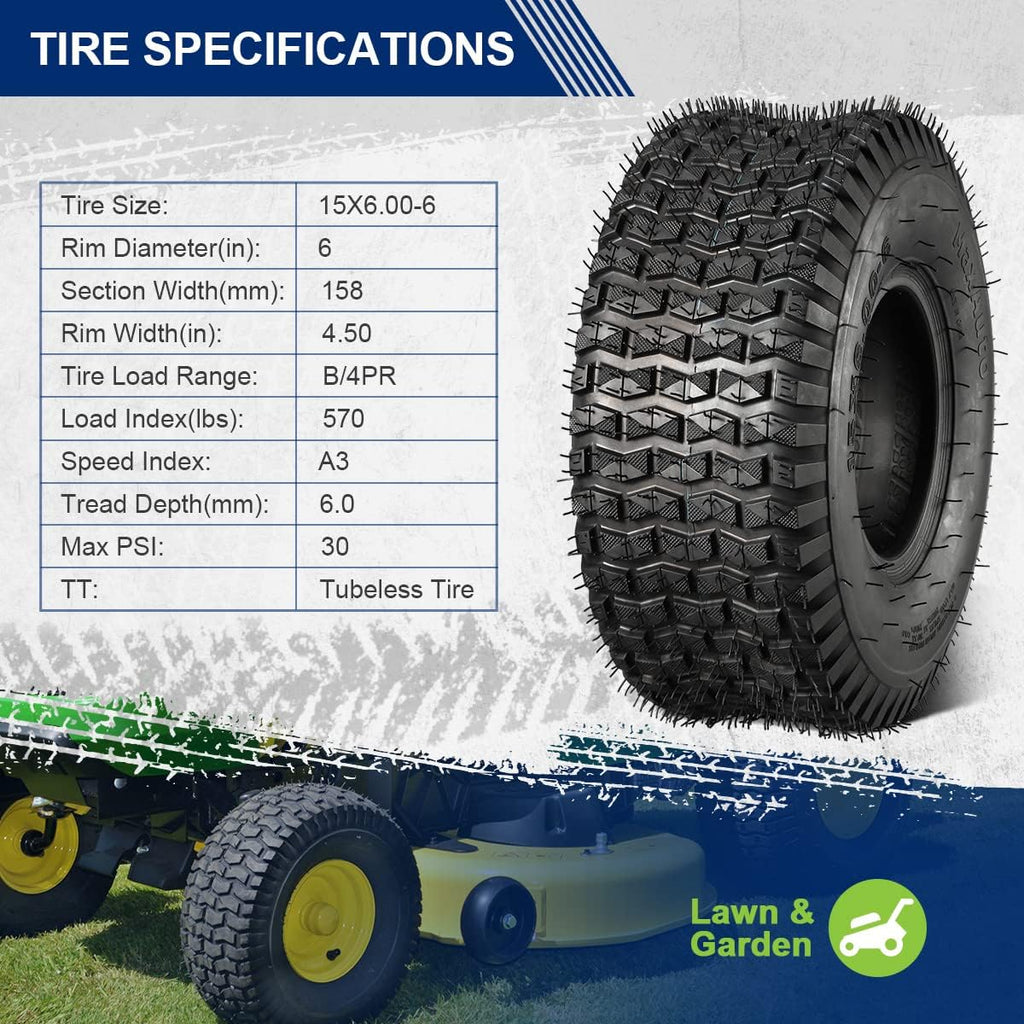 MaxAuto Lawn Mower Tires 15x6.00-6 & 20x8.00-8 Front & Rear Tire Set -15x6x6nhs Front & 20x8x8 nhs Rear Turf Tires for Golf Tire, Lawn & Garden Tractor, 4Ply Tubeless, 4 Pack in 2 Packages