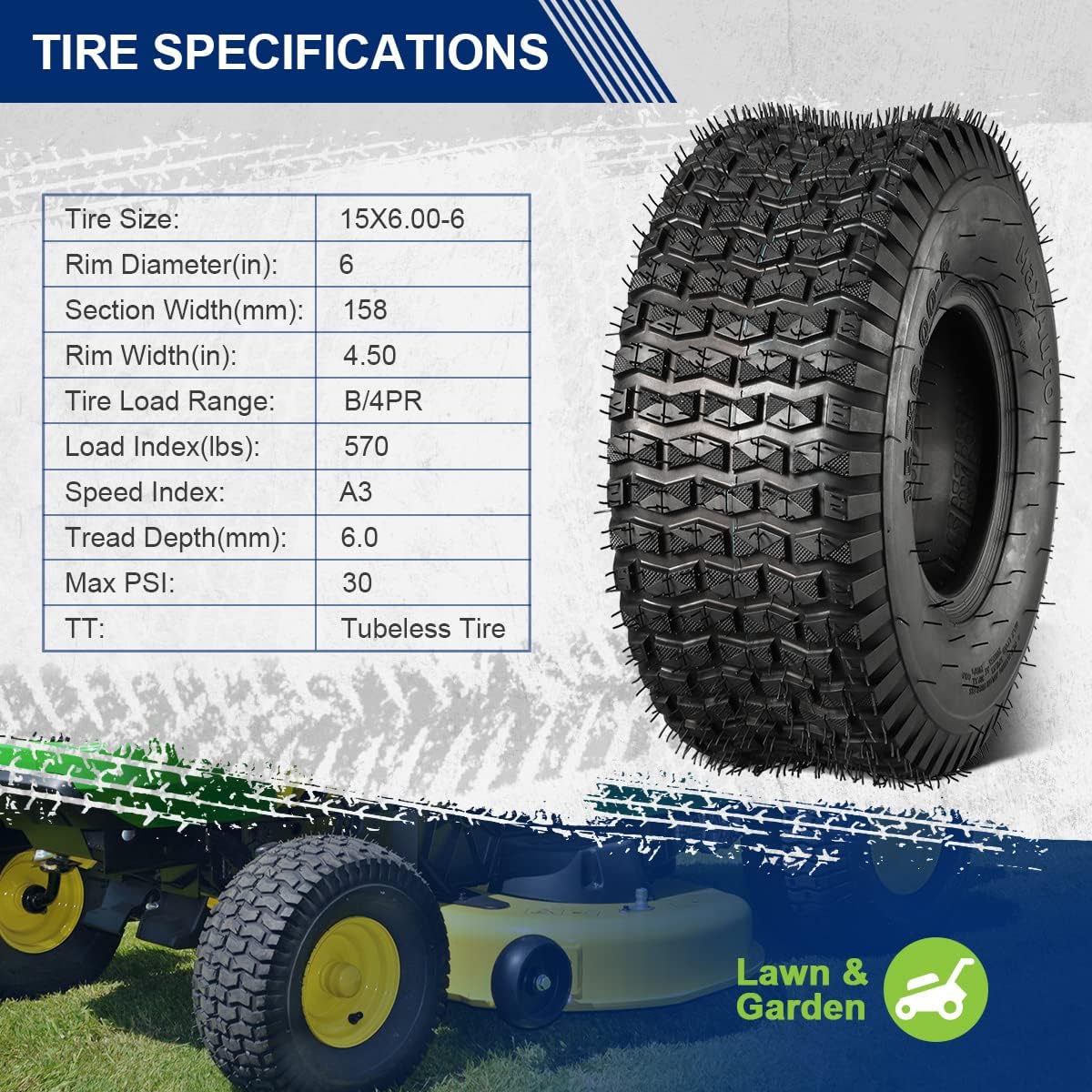 MaxAuto FOX V1 Patent Design 15x6.00-6 & 18x8.50-8 Lawn Mower Front & Rear Tire Set,15x6.00x6nhs Front and 18x8.50x8nhs Rear Tires for Golf Cart, Lawn & Garden Tractor, 4Ply,4 Pack in 2 Packages