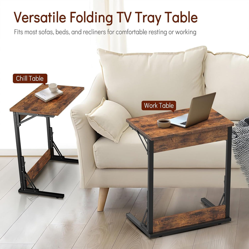 Tatub 24' Folding C Shaped End Table Set of 4, Small Sofa Side Laptop Desk, Couch TV Tray Table for Living Room, Bedroom, Rustic Brown