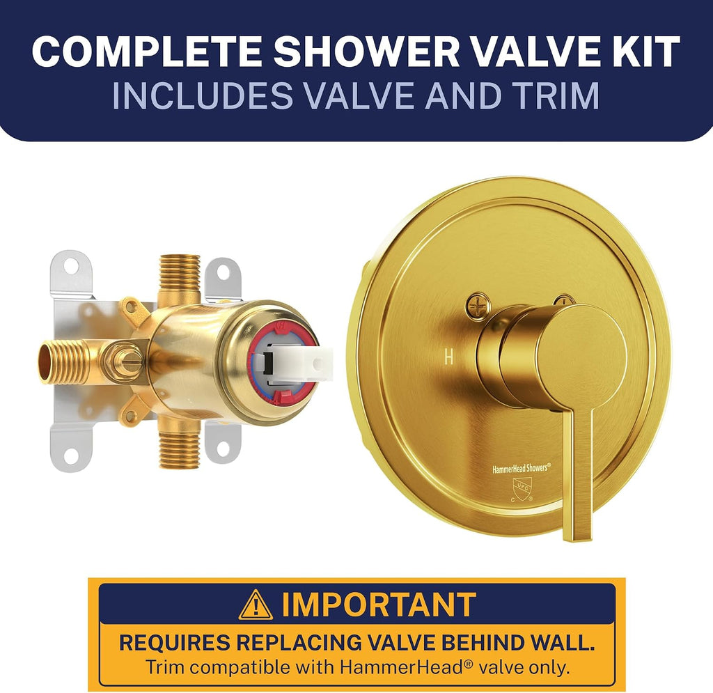 HammerHead Showers Solid Metal Single-Handle Trim Kit with Rough-In Shower Valve, Volume and Temperature Control, Pressure Balance, Brushed Gold