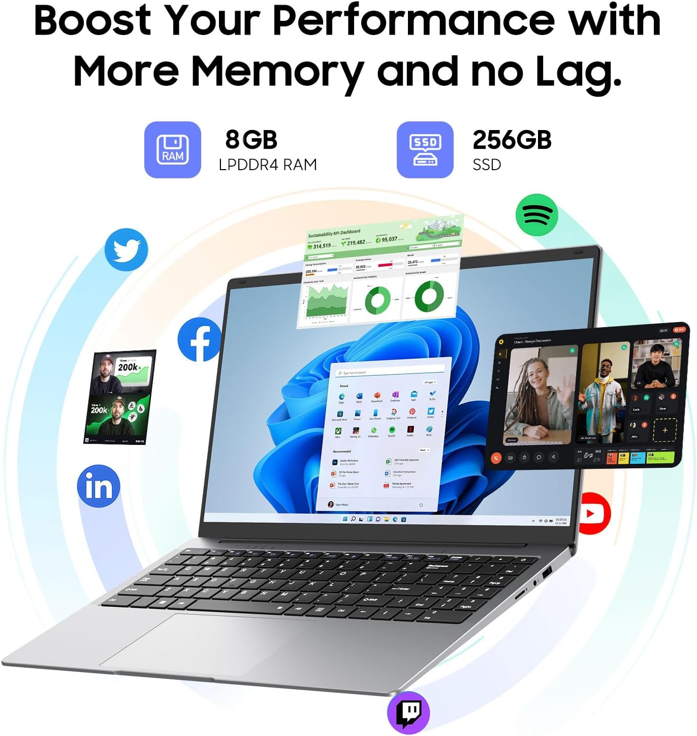 AE86 15.6' Laptop, Celeron N4000, 8GB RAM 256GB SSD, Full HD 1080P Display, Dual-Band WiFi, Mini HDMI, Lightweight Slim Silver Notebook for Business, School, Home