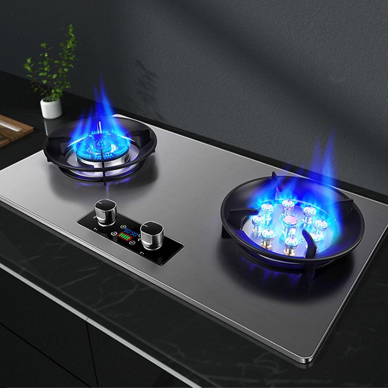 Gas Stove 2 Burners,NG/LPG Convertible Stove,Tabletop/Built-in Stainless Steel Cast Copper Cooktop,with Flameout Protection,4.8KW/5.2KW(NG)