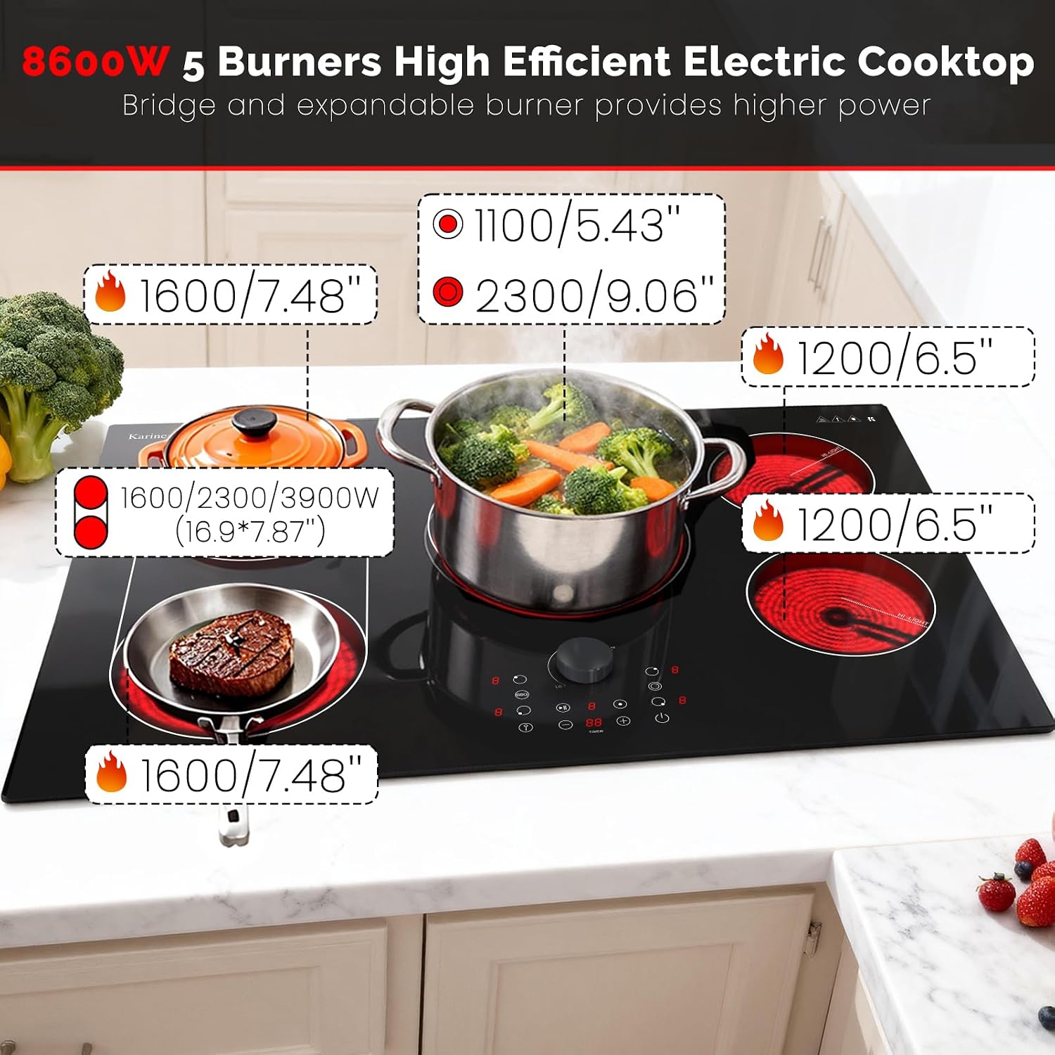 Karinear Electric Cooktop 30 Inch with Magnetic Knob, Bridge BBQ, 5 Burner Radiant Stove Top, 8600W 240V Built-in Hob, 9 Heat Levels, 99-Min Timer, Child Lock, Pause